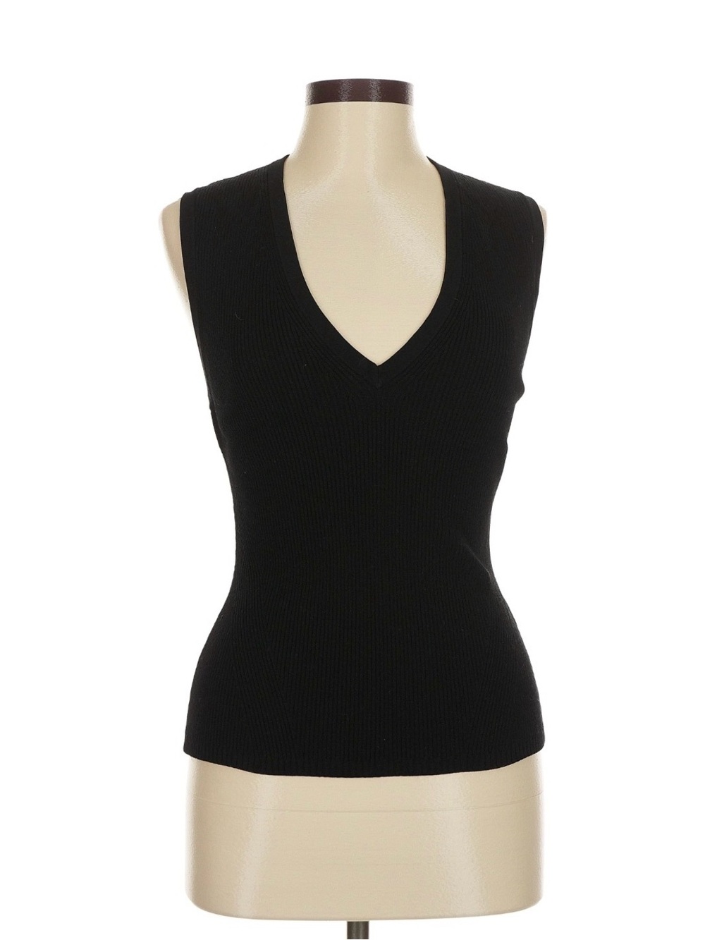 Veronica Beard Black Sleeveless V-Neck Ribbed Tank